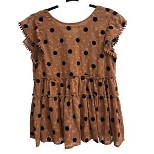 THML Size Small Brown Black Polka Dot Flutter Sleeve Blouse